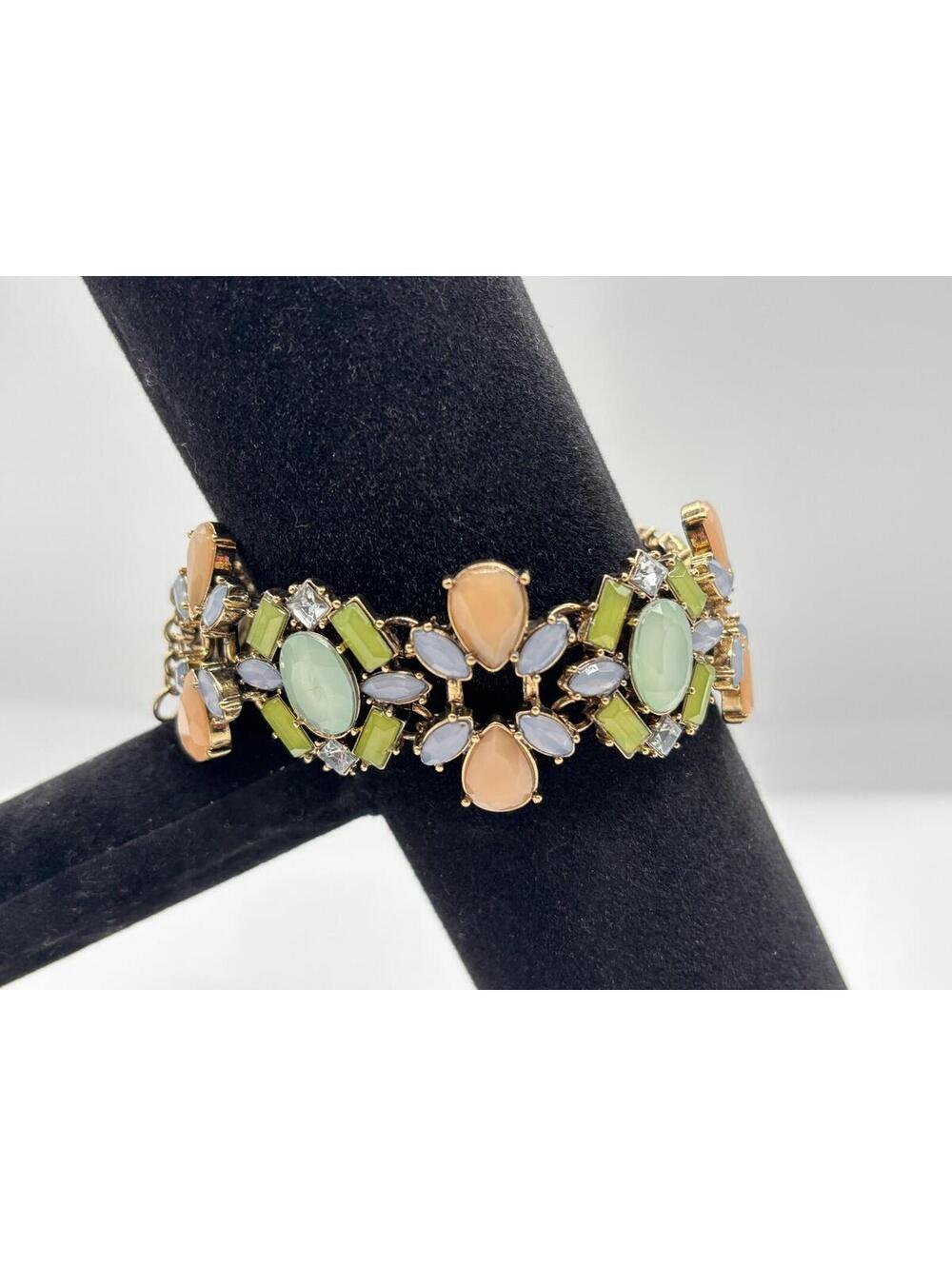 J Crew Mosaic Acrylic Statement Bracelet Pastels Peach Blue Green Gold Tone